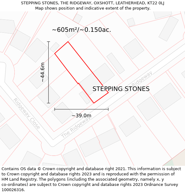 STEPPING STONES, THE RIDGEWAY, OXSHOTT, LEATHERHEAD, KT22 0LJ: Plot and title map