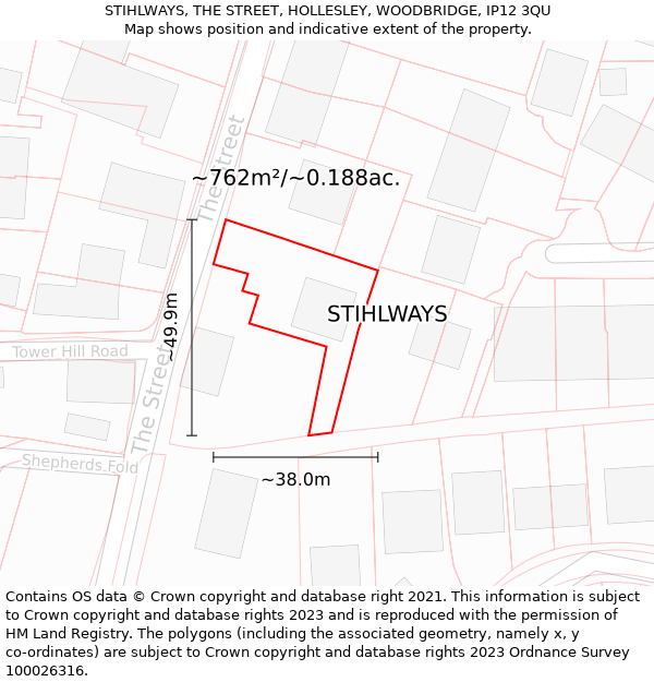 STIHLWAYS, THE STREET, HOLLESLEY, WOODBRIDGE, IP12 3QU: Plot and title map