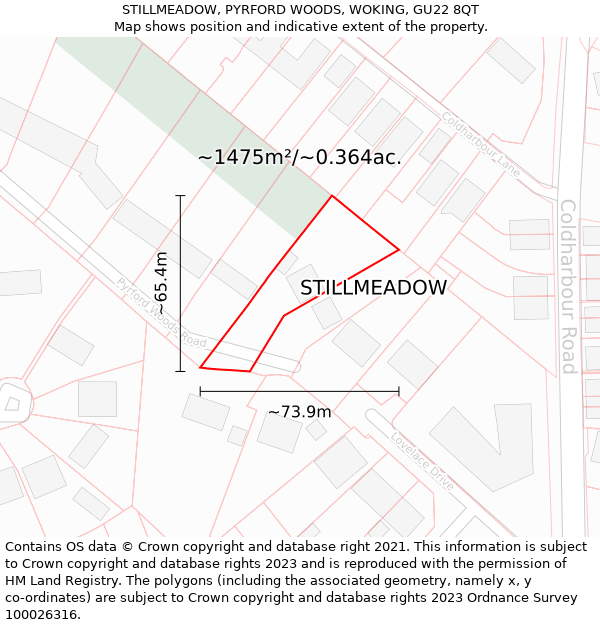 STILLMEADOW, PYRFORD WOODS, WOKING, GU22 8QT: Plot and title map