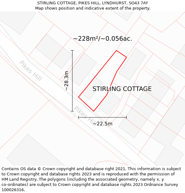 STIRLING COTTAGE, PIKES HILL, LYNDHURST, SO43 7AY: Plot and title map