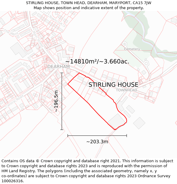 STIRLING HOUSE, TOWN HEAD, DEARHAM, MARYPORT, CA15 7JW: Plot and title map