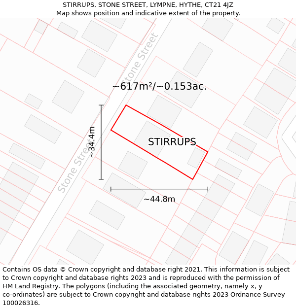 STIRRUPS, STONE STREET, LYMPNE, HYTHE, CT21 4JZ: Plot and title map