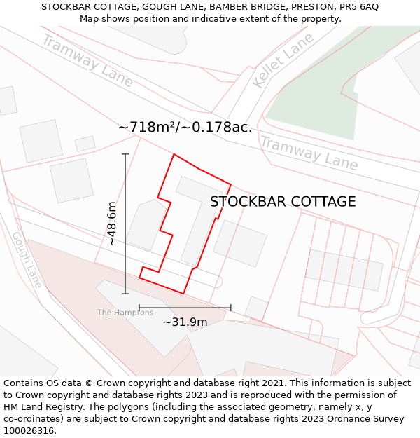 STOCKBAR COTTAGE, GOUGH LANE, BAMBER BRIDGE, PRESTON, PR5 6AQ: Plot and title map