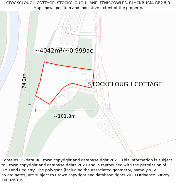 STOCKCLOUGH COTTAGE, STOCKCLOUGH LANE, FENISCOWLES, BLACKBURN, BB2 5JR: Plot and title map