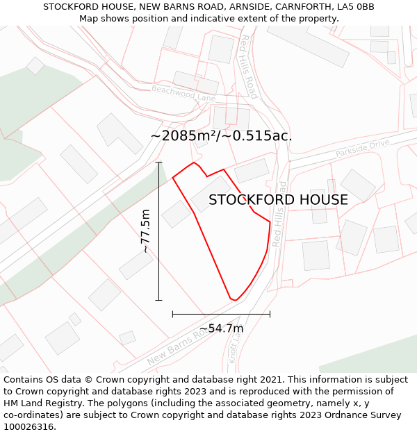 STOCKFORD HOUSE, NEW BARNS ROAD, ARNSIDE, CARNFORTH, LA5 0BB: Plot and title map