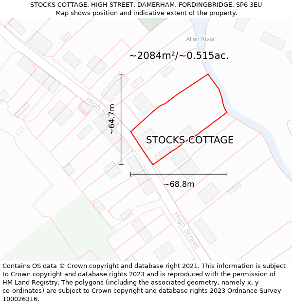 STOCKS COTTAGE, HIGH STREET, DAMERHAM, FORDINGBRIDGE, SP6 3EU: Plot and title map