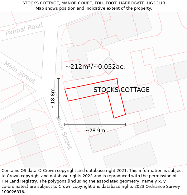 STOCKS COTTAGE, MANOR COURT, FOLLIFOOT, HARROGATE, HG3 1UB: Plot and title map