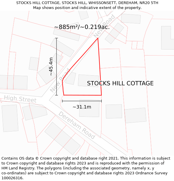STOCKS HILL COTTAGE, STOCKS HILL, WHISSONSETT, DEREHAM, NR20 5TH: Plot and title map