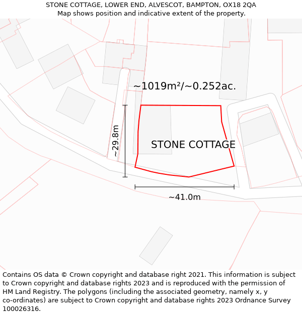 STONE COTTAGE, LOWER END, ALVESCOT, BAMPTON, OX18 2QA: Plot and title map