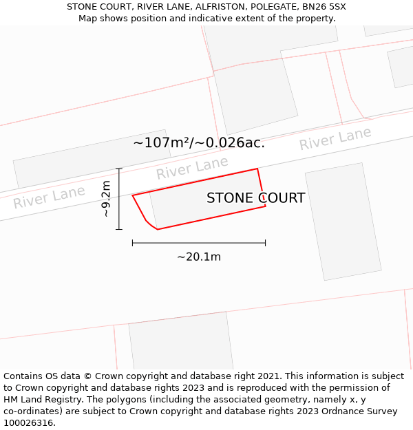 STONE COURT, RIVER LANE, ALFRISTON, POLEGATE, BN26 5SX: Plot and title map