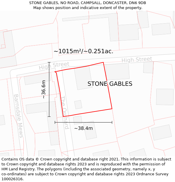 STONE GABLES, NO ROAD, CAMPSALL, DONCASTER, DN6 9DB: Plot and title map