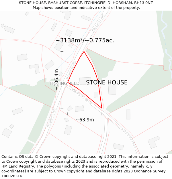 STONE HOUSE, BASHURST COPSE, ITCHINGFIELD, HORSHAM, RH13 0NZ: Plot and title map