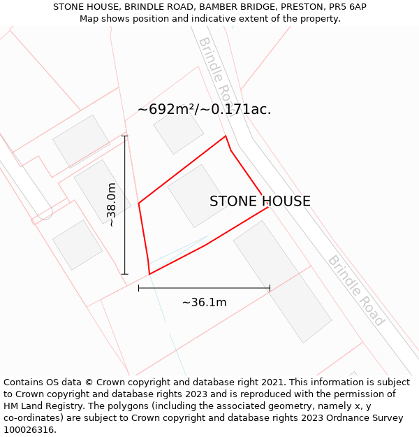 STONE HOUSE, BRINDLE ROAD, BAMBER BRIDGE, PRESTON, PR5 6AP: Plot and title map