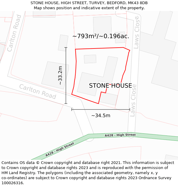 STONE HOUSE, HIGH STREET, TURVEY, BEDFORD, MK43 8DB: Plot and title map