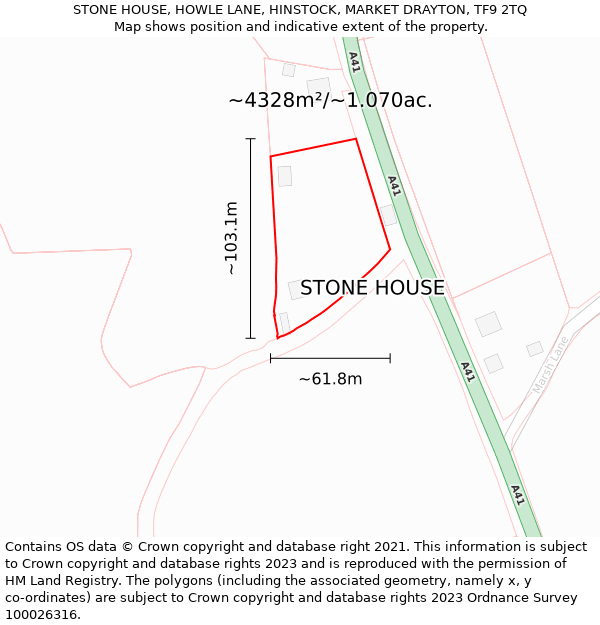 STONE HOUSE, HOWLE LANE, HINSTOCK, MARKET DRAYTON, TF9 2TQ: Plot and title map