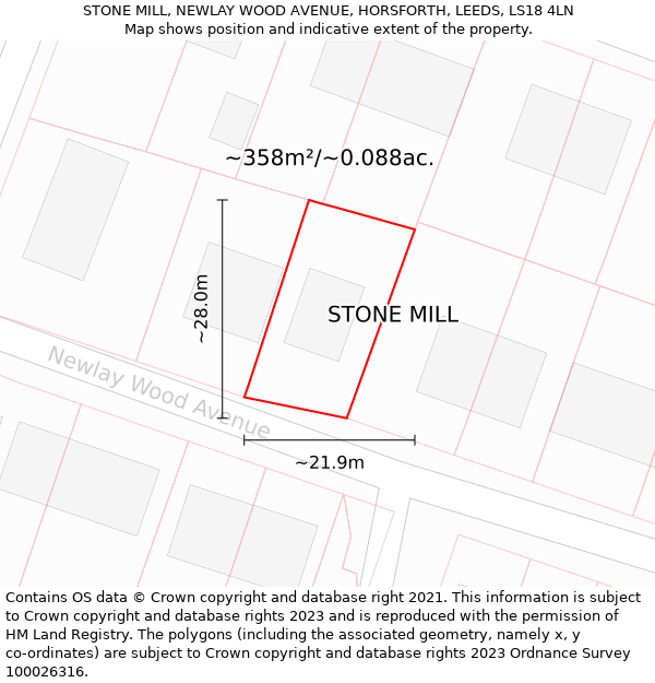 STONE MILL, NEWLAY WOOD AVENUE, HORSFORTH, LEEDS, LS18 4LN: Plot and title map
