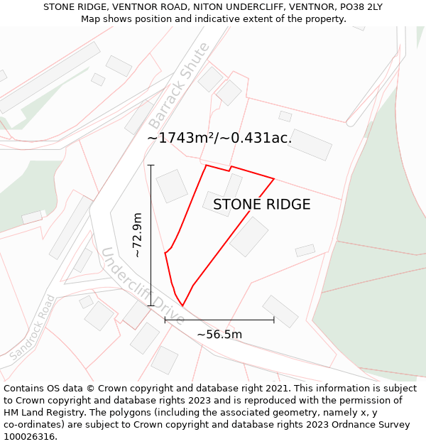 STONE RIDGE, VENTNOR ROAD, NITON UNDERCLIFF, VENTNOR, PO38 2LY: Plot and title map