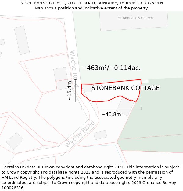 STONEBANK COTTAGE, WYCHE ROAD, BUNBURY, TARPORLEY, CW6 9PN: Plot and title map