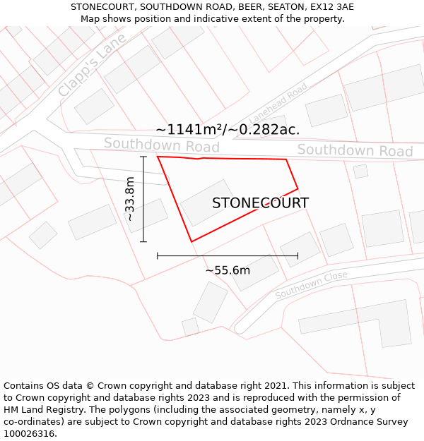 STONECOURT, SOUTHDOWN ROAD, BEER, SEATON, EX12 3AE: Plot and title map