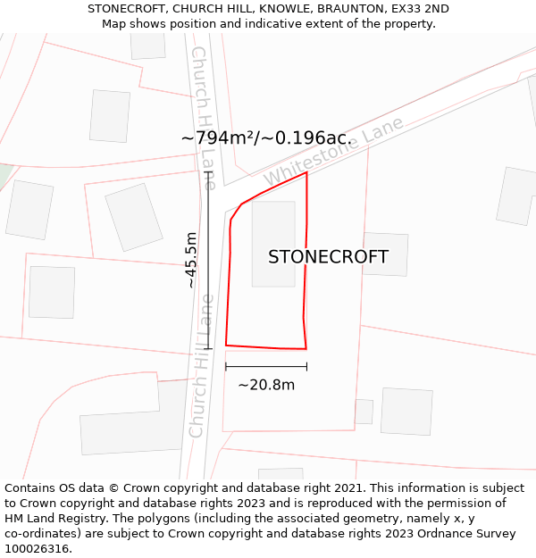 STONECROFT, CHURCH HILL, KNOWLE, BRAUNTON, EX33 2ND: Plot and title map