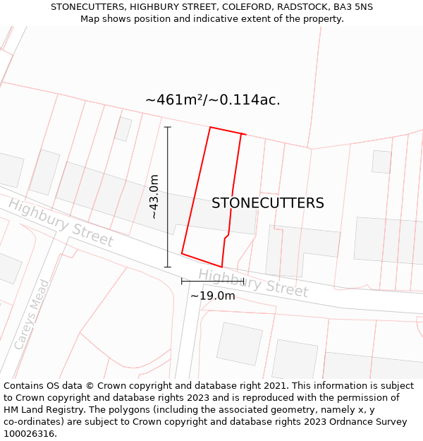 STONECUTTERS, HIGHBURY STREET, COLEFORD, RADSTOCK, BA3 5NS: Plot and title map