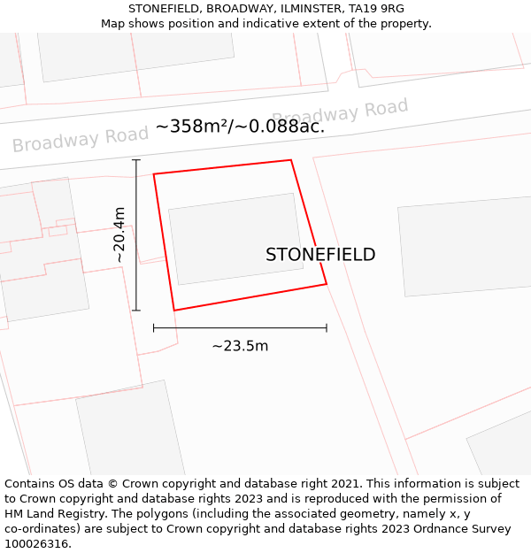 STONEFIELD, BROADWAY, ILMINSTER, TA19 9RG: Plot and title map