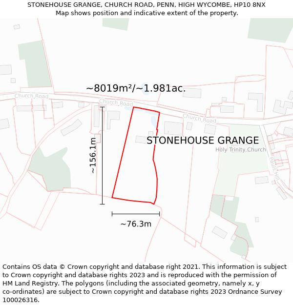 STONEHOUSE GRANGE, CHURCH ROAD, PENN, HIGH WYCOMBE, HP10 8NX: Plot and title map