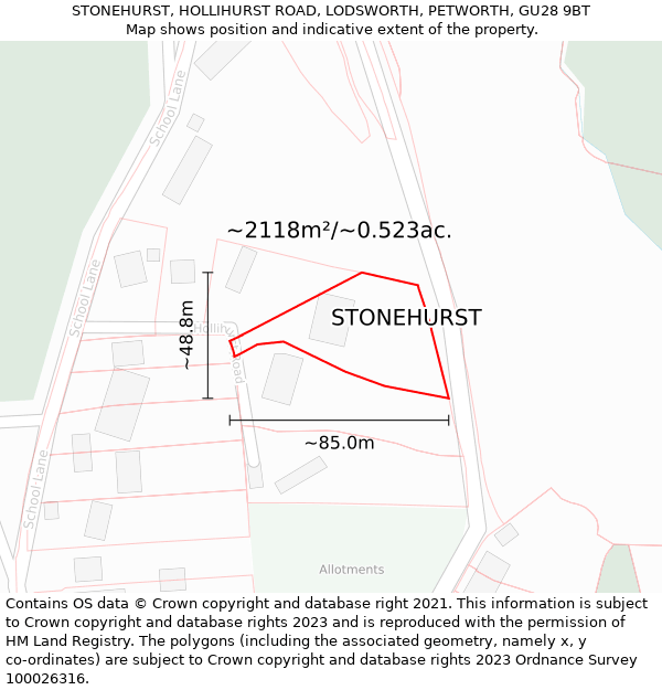 STONEHURST, HOLLIHURST ROAD, LODSWORTH, PETWORTH, GU28 9BT: Plot and title map