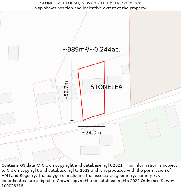 STONELEA, BEULAH, NEWCASTLE EMLYN, SA38 9QB: Plot and title map