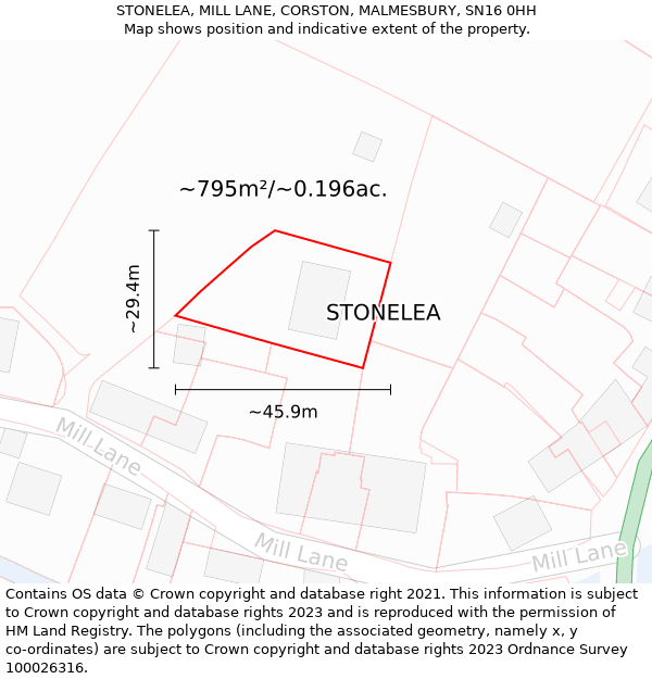 STONELEA, MILL LANE, CORSTON, MALMESBURY, SN16 0HH: Plot and title map