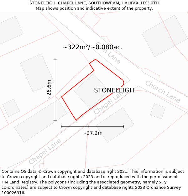 STONELEIGH, CHAPEL LANE, SOUTHOWRAM, HALIFAX, HX3 9TH: Plot and title map