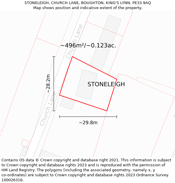 STONELEIGH, CHURCH LANE, BOUGHTON, KING'S LYNN, PE33 9AQ: Plot and title map