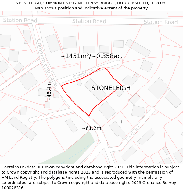STONELEIGH, COMMON END LANE, FENAY BRIDGE, HUDDERSFIELD, HD8 0AF: Plot and title map