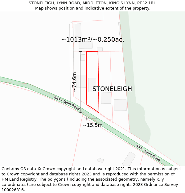 STONELEIGH, LYNN ROAD, MIDDLETON, KING'S LYNN, PE32 1RH: Plot and title map