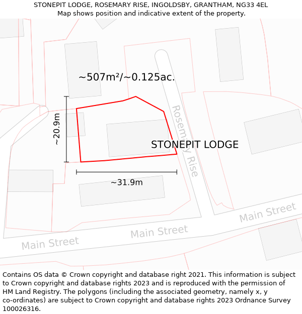 STONEPIT LODGE, ROSEMARY RISE, INGOLDSBY, GRANTHAM, NG33 4EL: Plot and title map