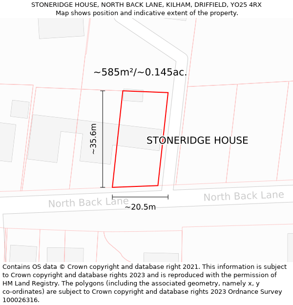 STONERIDGE HOUSE, NORTH BACK LANE, KILHAM, DRIFFIELD, YO25 4RX: Plot and title map