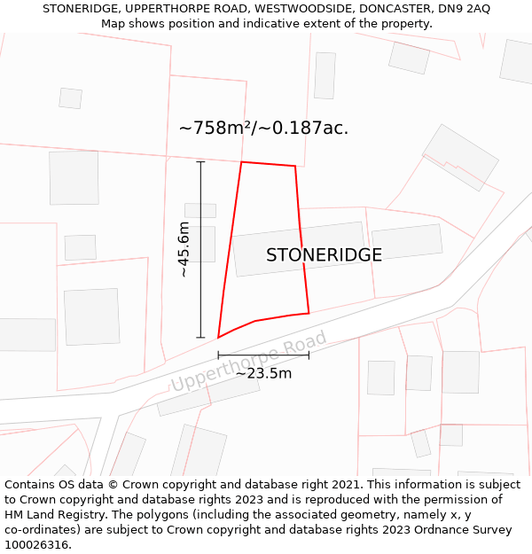 STONERIDGE, UPPERTHORPE ROAD, WESTWOODSIDE, DONCASTER, DN9 2AQ: Plot and title map