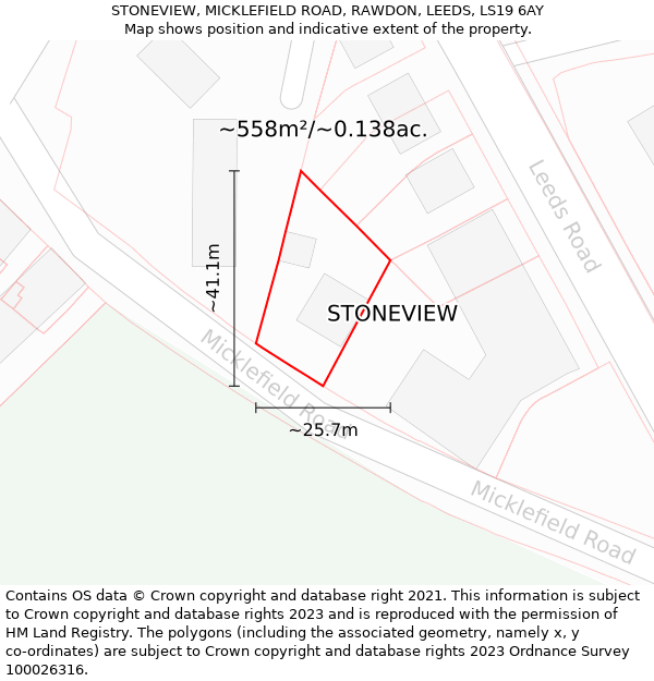 STONEVIEW, MICKLEFIELD ROAD, RAWDON, LEEDS, LS19 6AY: Plot and title map