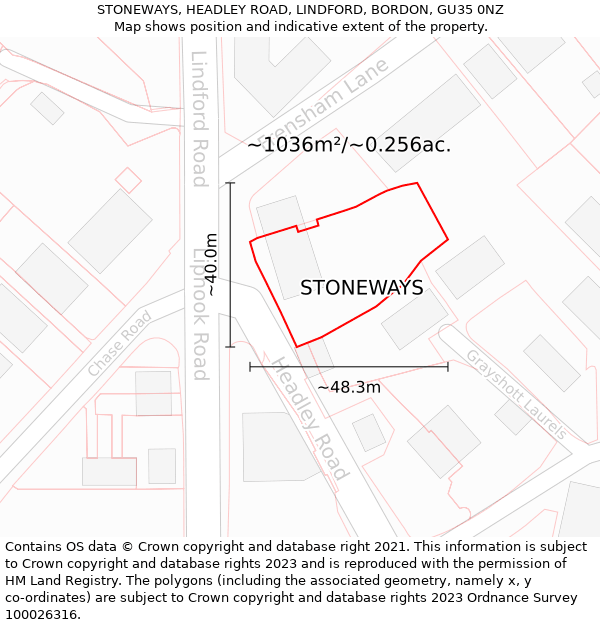 STONEWAYS, HEADLEY ROAD, LINDFORD, BORDON, GU35 0NZ: Plot and title map