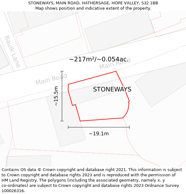 STONEWAYS, MAIN ROAD, HATHERSAGE, HOPE VALLEY, S32 1BB: Plot and title map