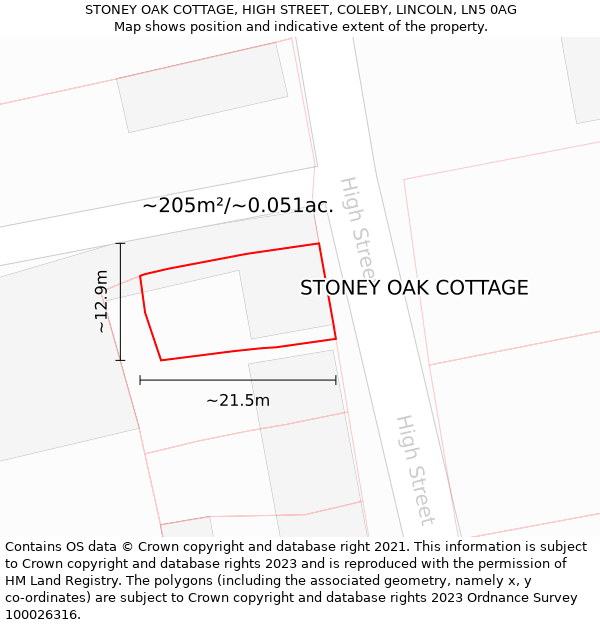 STONEY OAK COTTAGE, HIGH STREET, COLEBY, LINCOLN, LN5 0AG: Plot and title map