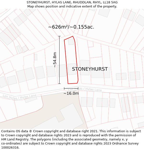 STONEYHURST, HYLAS LANE, RHUDDLAN, RHYL, LL18 5AG: Plot and title map