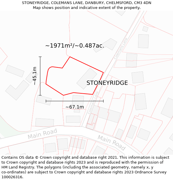 STONEYRIDGE, COLEMANS LANE, DANBURY, CHELMSFORD, CM3 4DN: Plot and title map