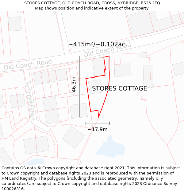 STORES COTTAGE, OLD COACH ROAD, CROSS, AXBRIDGE, BS26 2EQ: Plot and title map