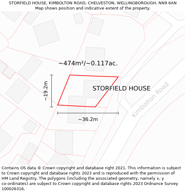 STORFIELD HOUSE, KIMBOLTON ROAD, CHELVESTON, WELLINGBOROUGH, NN9 6AN: Plot and title map