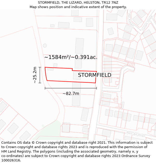 STORMFIELD, THE LIZARD, HELSTON, TR12 7NZ: Plot and title map