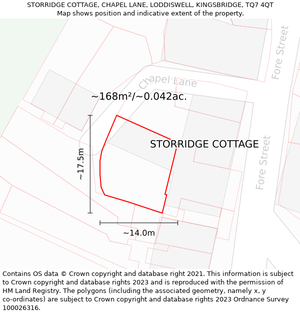 STORRIDGE COTTAGE, CHAPEL LANE, LODDISWELL, KINGSBRIDGE, TQ7 4QT: Plot and title map