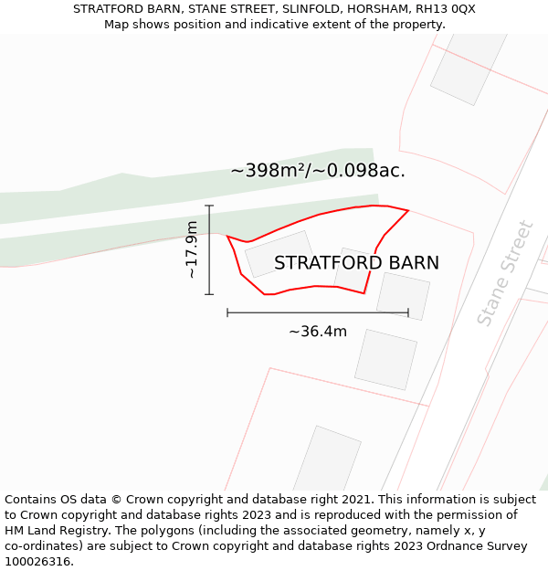 STRATFORD BARN, STANE STREET, SLINFOLD, HORSHAM, RH13 0QX: Plot and title map