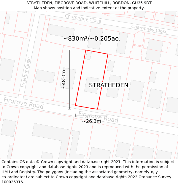 STRATHEDEN, FIRGROVE ROAD, WHITEHILL, BORDON, GU35 9DT: Plot and title map