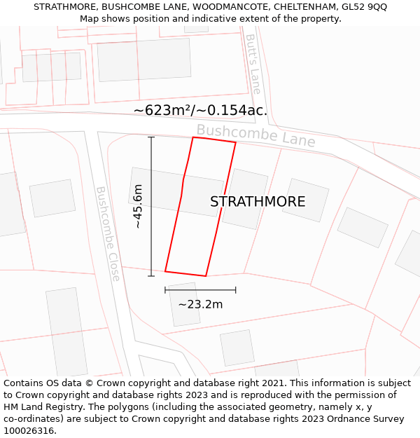 STRATHMORE, BUSHCOMBE LANE, WOODMANCOTE, CHELTENHAM, GL52 9QQ: Plot and title map